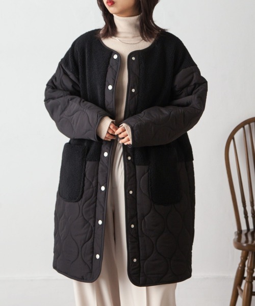 Chillfar（チルファー）の「ノーカラーボア×ひょうたんキルトコート（ノーカラージャケット・レディース・ブラック/カーキ/アイボリー/ベージュ・MEDIUM/LARGE）」の16枚目の写真