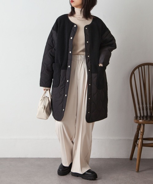 Chillfar（チルファー）の「ノーカラーボア×ひょうたんキルトコート（ノーカラージャケット・レディース・ブラック/カーキ/アイボリー/ベージュ・MEDIUM/LARGE）」の20枚目の写真
