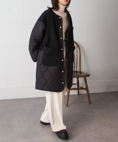 Chillfar（チルファー）の「ノーカラーボア×ひょうたんキルトコート（ノーカラージャケット・レディース・ブラック/カーキ/アイボリー/ベージュ・MEDIUM/LARGE）」の21枚目の写真
