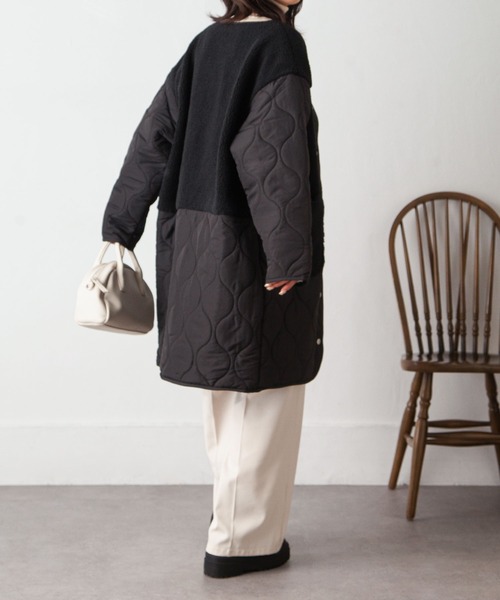 Chillfar（チルファー）の「ノーカラーボア×ひょうたんキルトコート（ノーカラージャケット・レディース・ブラック/カーキ/アイボリー/ベージュ・MEDIUM/LARGE）」の22枚目の写真