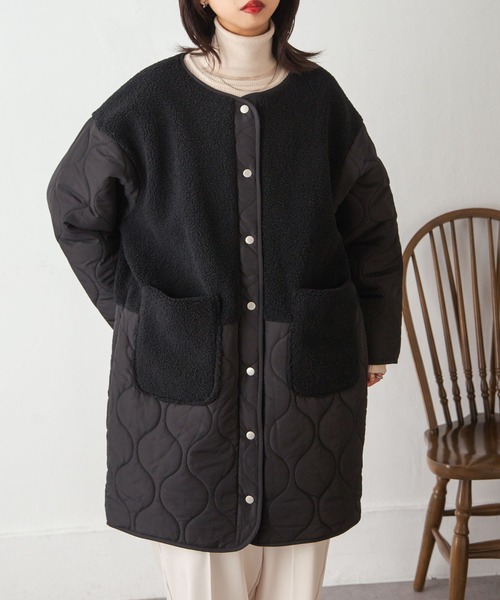 Chillfar（チルファー）の「ノーカラーボア×ひょうたんキルトコート（ノーカラージャケット・レディース・ブラック/カーキ/アイボリー/ベージュ・MEDIUM/LARGE）」の17枚目の写真