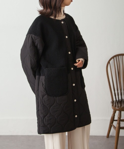 Chillfar（チルファー）の「ノーカラーボア×ひょうたんキルトコート（ノーカラージャケット・レディース・ブラック/カーキ/アイボリー/ベージュ・MEDIUM/LARGE）」の18枚目の写真