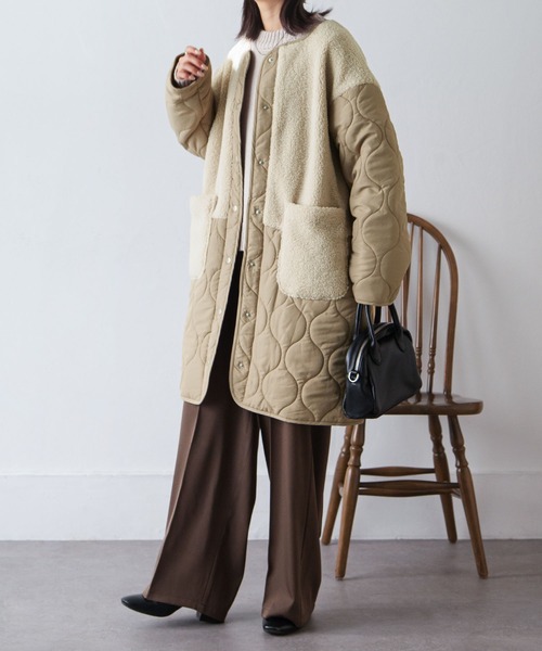 Chillfar（チルファー）の「ノーカラーボア×ひょうたんキルトコート（ノーカラージャケット・レディース・ブラック/カーキ/アイボリー/ベージュ・MEDIUM/LARGE）」の15枚目の写真
