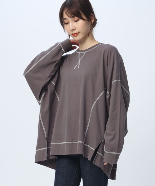 SAKAZEN(サカゼン)の「【綿100%】 バイカラー ステッチ 長袖 カットソー(Tシャツ/カットソー・レディース・グレー/ブラック/ホワイト・3L/4L/5L)」の3枚目の写真