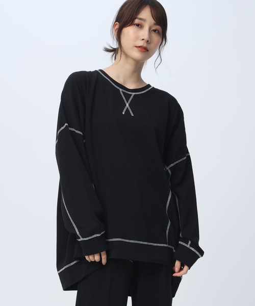 SAKAZEN(サカゼン)の「【綿100%】 バイカラー ステッチ 長袖 カットソー(Tシャツ/カットソー・レディース・グレー/ブラック/ホワイト・3L/4L/5L)」の2枚目の写真