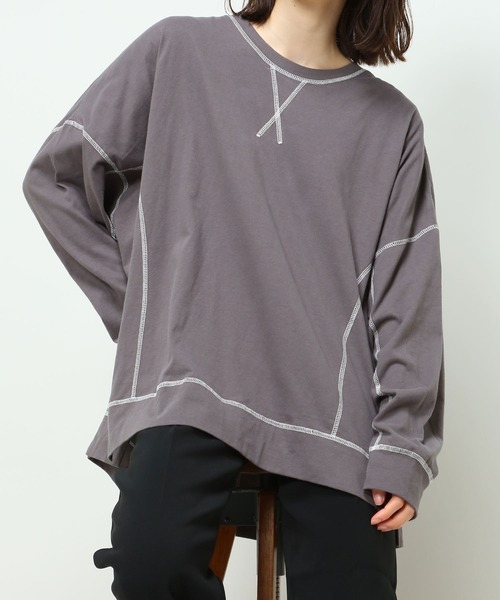 SAKAZEN(サカゼン)の「【綿100%】 バイカラー ステッチ 長袖 カットソー(Tシャツ/カットソー・レディース・グレー/ブラック/ホワイト・3L/4L/5L)」の5枚目の写真