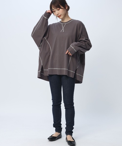 SAKAZEN(サカゼン)の「【綿100%】 バイカラー ステッチ 長袖 カットソー(Tシャツ/カットソー・レディース・グレー/ブラック/ホワイト・3L/4L/5L)」の16枚目の写真