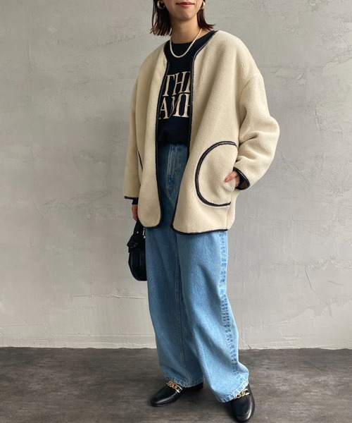 JEANS FACTORY Clothes（ジーンズファクトリークローズ）の「[Jeans Factory Clothes/ジーンズファクトリークローズ] レザーパイピング ノーカラーボアジャケット（ブルゾン・レディース・アイボリー/グレー・F）」の10枚目の写真