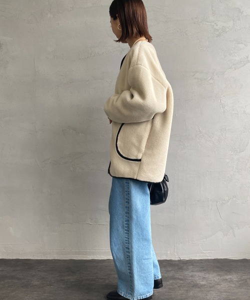 JEANS FACTORY Clothes（ジーンズファクトリークローズ）の「[Jeans Factory Clothes/ジーンズファクトリークローズ] レザーパイピング ノーカラーボアジャケット（ブルゾン・レディース・アイボリー/グレー・F）」の11枚目の写真