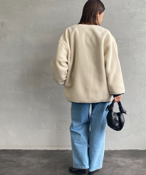 JEANS FACTORY Clothes（ジーンズファクトリークローズ）の「[Jeans Factory Clothes/ジーンズファクトリークローズ] レザーパイピング ノーカラーボアジャケット（ブルゾン・レディース・アイボリー/グレー・F）」の12枚目の写真