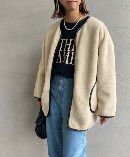 JEANS FACTORY Clothes（ジーンズファクトリークローズ）の「[Jeans Factory Clothes/ジーンズファクトリークローズ] レザーパイピング ノーカラーボアジャケット（ブルゾン・レディース・アイボリー/グレー・F）」の7枚目の写真