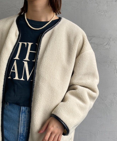 JEANS FACTORY Clothes（ジーンズファクトリークローズ）の「[Jeans Factory Clothes/ジーンズファクトリークローズ] レザーパイピング ノーカラーボアジャケット（ブルゾン・レディース・アイボリー/グレー・F）」の13枚目の写真