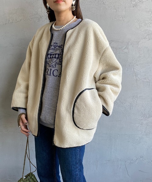 JEANS FACTORY Clothes（ジーンズファクトリークローズ）の「[Jeans Factory Clothes/ジーンズファクトリークローズ] レザーパイピング ノーカラーボアジャケット（ブルゾン・レディース・アイボリー/グレー・F）」の15枚目の写真