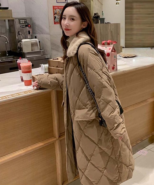エコファー襟付きキルティングロングコート（ダウンジャケット/コート