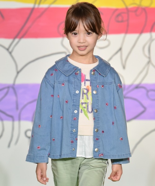 [ジュニアサイズ]スミレ総柄刺しゅうストレッチデニムジャケット