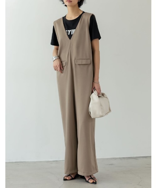 [低身長/高身長サイズ有][イージーケア]ジョーゼットポンチVネックオールインワン