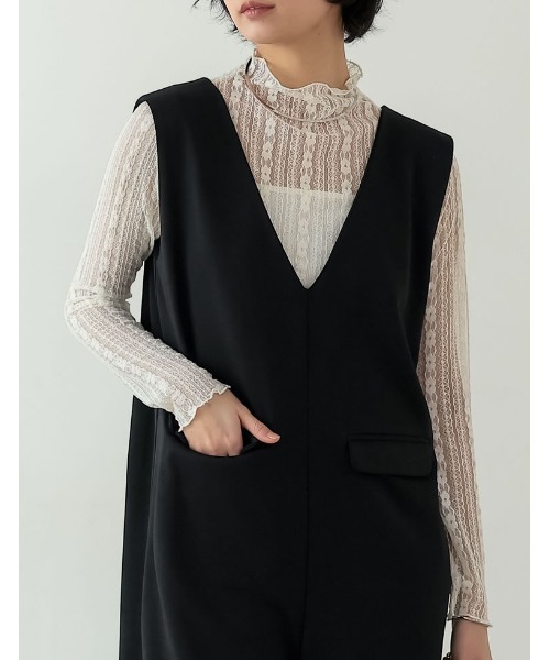 [低身長/高身長サイズ有][イージーケア]ジョーゼットポンチVネックオールインワン