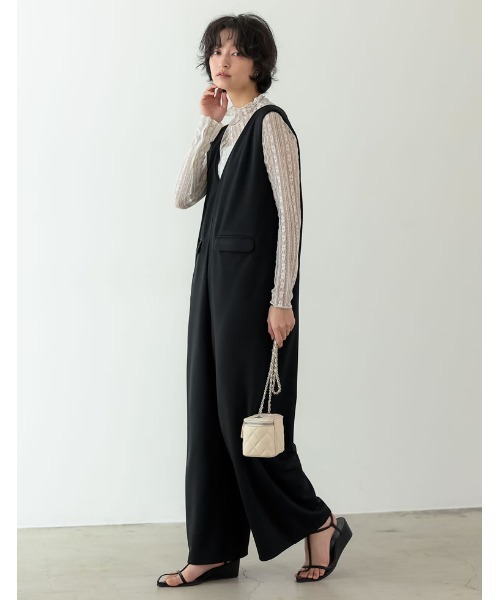 [低身長/高身長サイズ有][イージーケア]ジョーゼットポンチVネックオールインワン