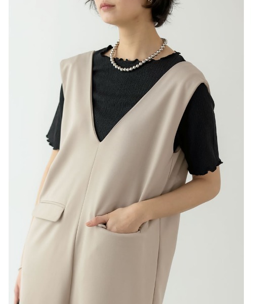 [低身長/高身長サイズ有][イージーケア]ジョーゼットポンチVネックオールインワン