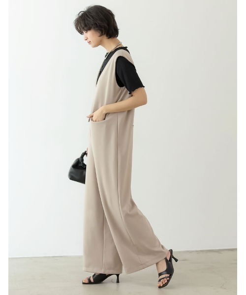 [低身長/高身長サイズ有][イージーケア]ジョーゼットポンチVネックオールインワン