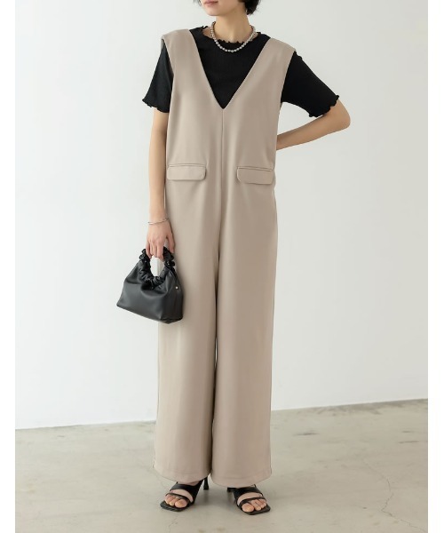 [低身長/高身長サイズ有][イージーケア]ジョーゼットポンチVネックオールインワン