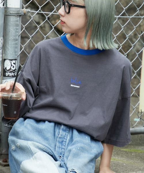 CIAOPANIC TYPY（チャオパニックティピー）の「USAコットン手書き風ロゴリンガーTee（Tシャツ/カットソー・メンズ・チャコールグレー/オフホワイト/ブルー・MEDIUM/LARGE）」の3枚目の写真