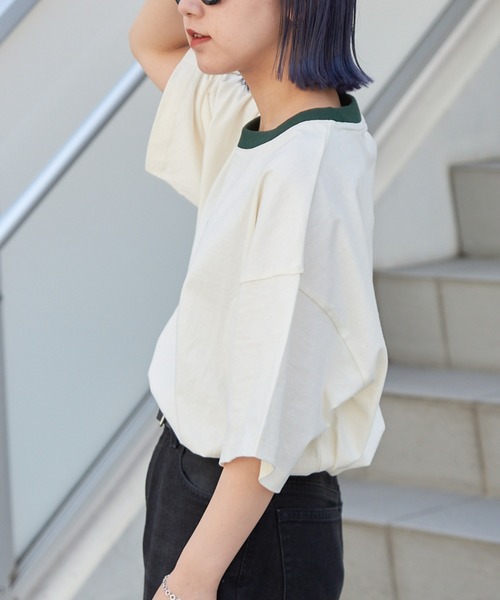 CIAOPANIC TYPY（チャオパニックティピー）の「USAコットン手書き風ロゴリンガーTee（Tシャツ/カットソー・メンズ・チャコールグレー/オフホワイト/ブルー・MEDIUM/LARGE）」の7枚目の写真