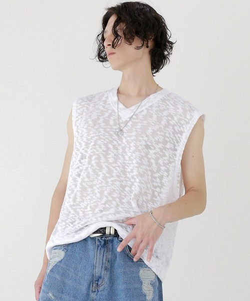 minsobi(ミンソビ)の「クラウドニットベスト ノースリーブ透けニット(ベスト・メンズ・ホワイト/ブラック・FREE)」の2枚目の写真