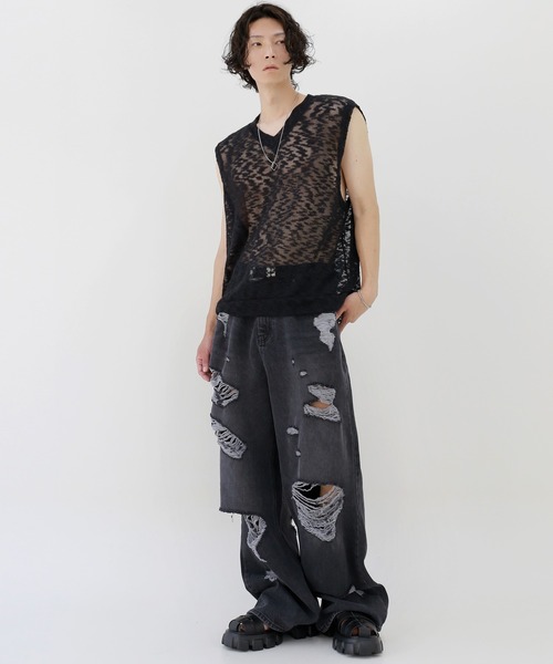 minsobi(ミンソビ)の「クラウドニットベスト ノースリーブ透けニット(ベスト・メンズ・ホワイト/ブラック・FREE)」の3枚目の写真