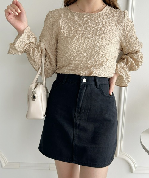 Loueme（ルエム）の「カラーデニム台形ミニスカート（デニムスカート