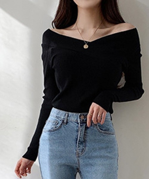 deux amour（ドゥーザムール）の「オフショルダーカシュクールリブニット（Tシャツ/カットソー・レディース・ホワイト/ブラック/ベージュ・FREE）」の7枚目の写真