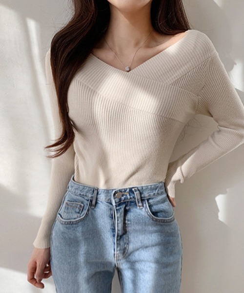 deux amour（ドゥーザムール）の「オフショルダーカシュクールリブニット（Tシャツ/カットソー・レディース・ホワイト/ブラック/ベージュ・FREE）」の11枚目の写真