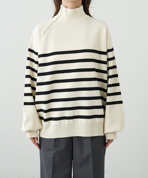 COLONY 2139（コロニートゥーワンスリーナイン）の「エステルヤーンサイドネックジップボーダーニット（ニット/セーター・レディース・ブラック/アイボリー・FREE）」の9枚目の写真