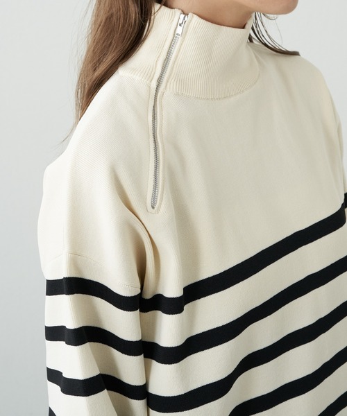 COLONY 2139（コロニートゥーワンスリーナイン）の「エステルヤーンサイドネックジップボーダーニット（ニット/セーター・レディース・ブラック/アイボリー・FREE）」の3枚目の写真