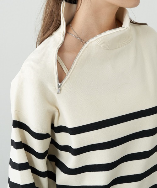 COLONY 2139（コロニートゥーワンスリーナイン）の「エステルヤーンサイドネックジップボーダーニット（ニット/セーター・レディース・ブラック/アイボリー・FREE）」の5枚目の写真