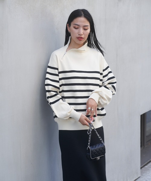 COLONY 2139（コロニートゥーワンスリーナイン）の「エステルヤーンサイドネックジップボーダーニット（ニット/セーター・レディース・ブラック/アイボリー・FREE）」の11枚目の写真