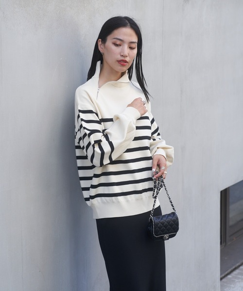 COLONY 2139（コロニートゥーワンスリーナイン）の「エステルヤーンサイドネックジップボーダーニット（ニット/セーター・レディース・ブラック/アイボリー・FREE）」の15枚目の写真