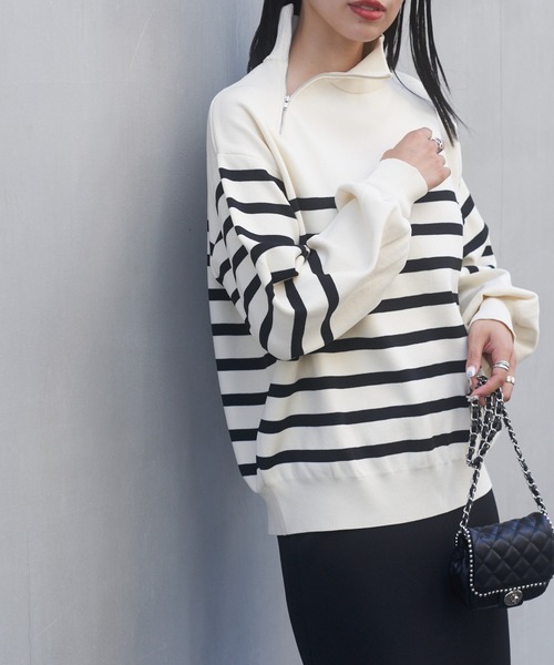 COLONY 2139（コロニートゥーワンスリーナイン）の「エステルヤーンサイドネックジップボーダーニット（ニット/セーター・レディース・ブラック/アイボリー・FREE）」の17枚目の写真