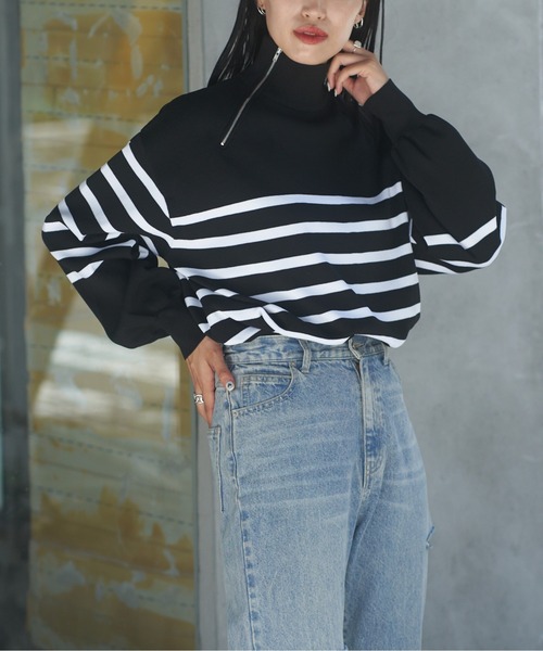 COLONY 2139（コロニートゥーワンスリーナイン）の「エステルヤーンサイドネックジップボーダーニット（ニット/セーター・レディース・ブラック/アイボリー・FREE）」の21枚目の写真