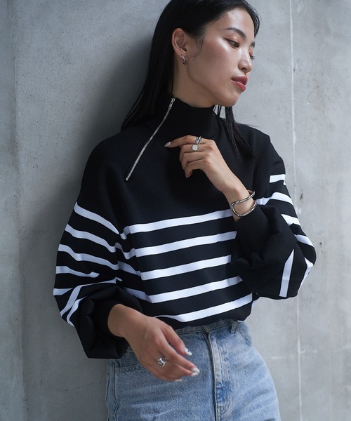 COLONY 2139（コロニートゥーワンスリーナイン）の「エステルヤーンサイドネックジップボーダーニット（ニット/セーター・レディース・ブラック/アイボリー・FREE）」の12枚目の写真