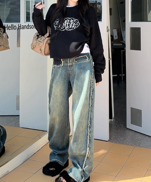 FREE STYLISTS(フリー スタイリスト)の「YUGA_YGMC デニム サイドフリンジ ハイウエスト ルーズシルエットパンツ(デニムパンツ・レディース・ブルー・M/XL/L/S)」の14枚目の写真