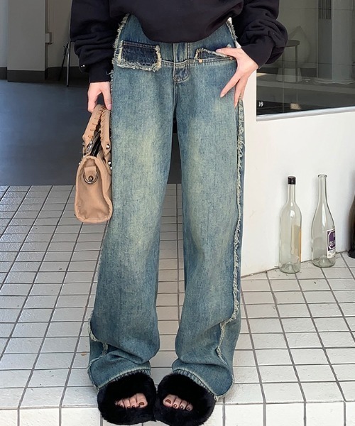 FREE STYLISTS(フリー スタイリスト)の「YUGA_YGMC デニム サイドフリンジ ハイウエスト ルーズシルエットパンツ(デニムパンツ・レディース・ブルー・M/XL/L/S)」の10枚目の写真