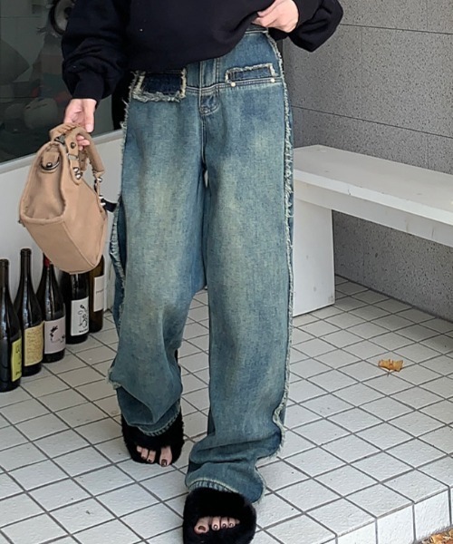 FREE STYLISTS(フリー スタイリスト)の「YUGA_YGMC デニム サイドフリンジ ハイウエスト ルーズシルエットパンツ(デニムパンツ・レディース・ブルー・M/XL/L/S)」の2枚目の写真