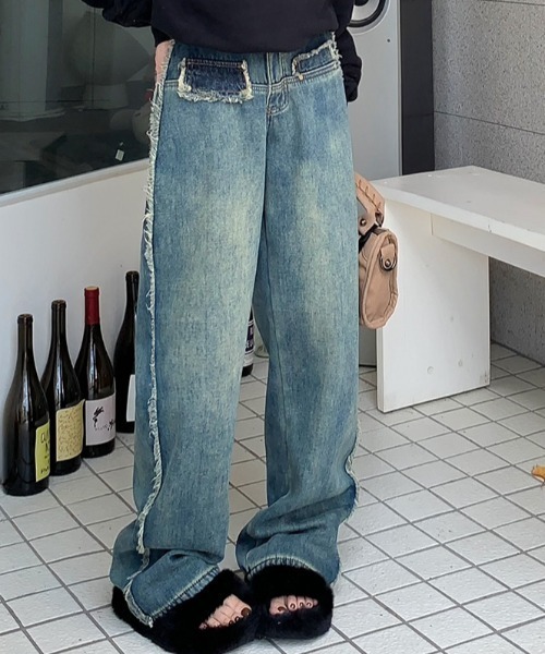 FREE STYLISTS(フリー スタイリスト)の「YUGA_YGMC デニム サイドフリンジ ハイウエスト ルーズシルエットパンツ(デニムパンツ・レディース・ブルー・M/XL/L/S)」の9枚目の写真