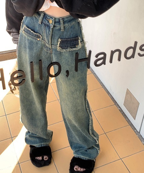 FREE STYLISTS(フリー スタイリスト)の「YUGA_YGMC デニム サイドフリンジ ハイウエスト ルーズシルエットパンツ(デニムパンツ・レディース・ブルー・M/XL/L/S)」の3枚目の写真