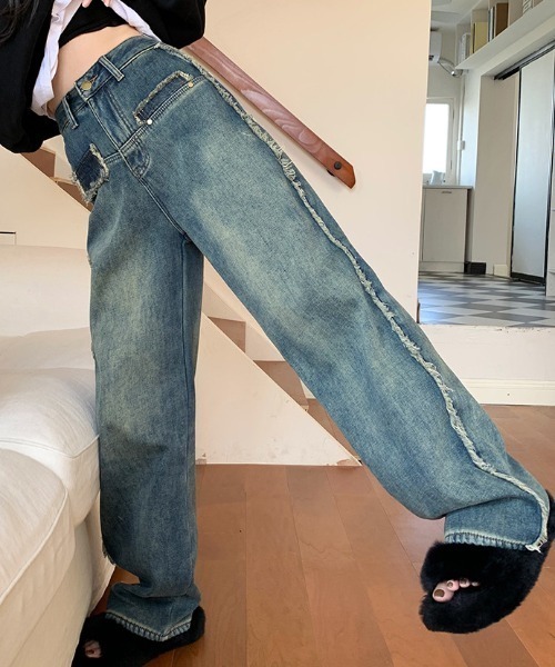 FREE STYLISTS(フリー スタイリスト)の「YUGA_YGMC デニム サイドフリンジ ハイウエスト ルーズシルエットパンツ(デニムパンツ・レディース・ブルー・M/XL/L/S)」の6枚目の写真