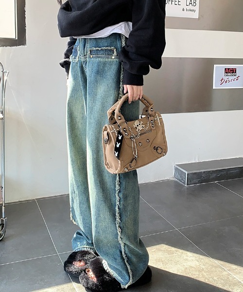 FREE STYLISTS(フリー スタイリスト)の「YUGA_YGMC デニム サイドフリンジ ハイウエスト ルーズシルエットパンツ(デニムパンツ・レディース・ブルー・M/XL/L/S)」の12枚目の写真