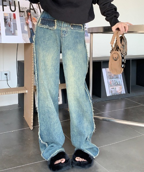 FREE STYLISTS(フリー スタイリスト)の「YUGA_YGMC デニム サイドフリンジ ハイウエスト ルーズシルエットパンツ(デニムパンツ・レディース・ブルー・M/XL/L/S)」の11枚目の写真