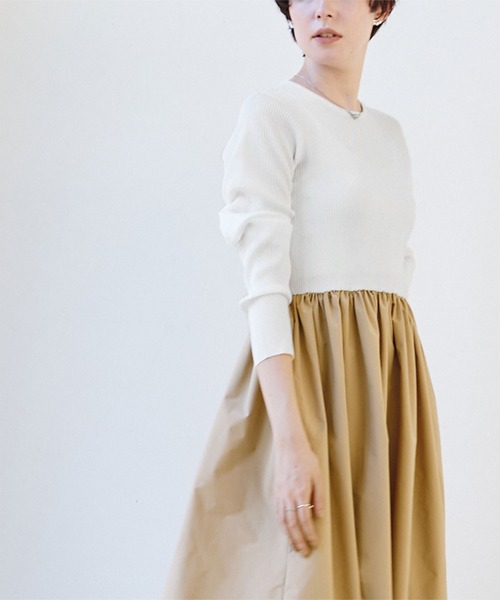 UR'S（ユアーズ）の「ニットドッキングタフタワンピース（ワンピース