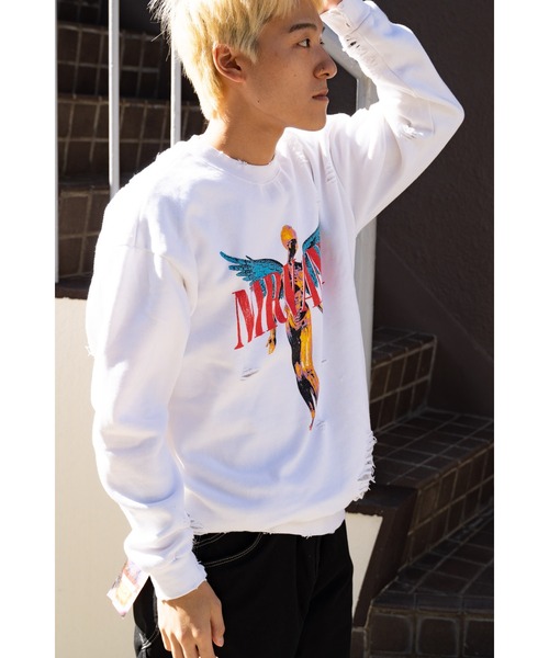 SUNNY  SPORTS（サニースポーツ）の「【 NIRVANA / ニルヴァーナ 】WORN-OUT BAND CREW ウォーンアウト バンド クルーネックスウェット SUY（Tシャツ/カットソー・メンズ・ブラック/ホワイト・LARGE/X-LARGE）」の5枚目の写真